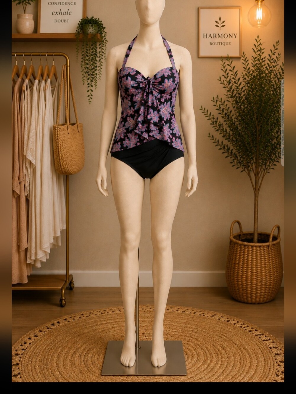 Black Paisley Print Ruffled Tankini Top with Black Bottoms